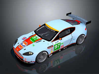 Light Blue Racing Car With 97 Number Gulf Martini Logos And Rear Wing 3d model