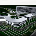 Modern White Architectural Building With Glass Windows Green Landscaping And Water Body