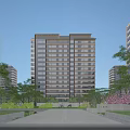 Modern High Rise Residential Building With Green Landscaping Trees And Open Courtyard