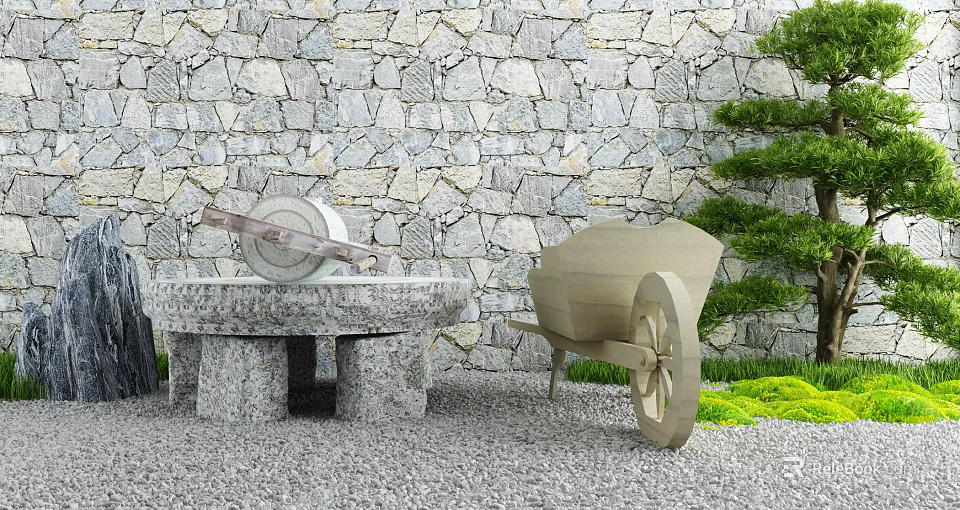 Courtyard Garden with Stone Wall Stone Round Table Stools Cart Green Plants and Pebble Ground 3d model 