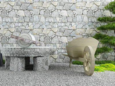 Courtyard Garden with Stone Wall Stone Round Table Stools Cart Green Plants and Pebble Ground 3d model