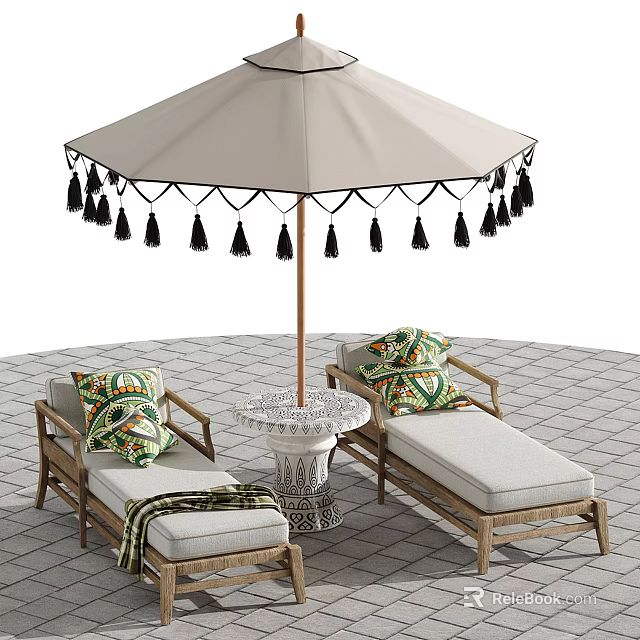 Outdoor Lounge Chairs with Decorative Pillows Umbrella and Side Table Setup 3d model