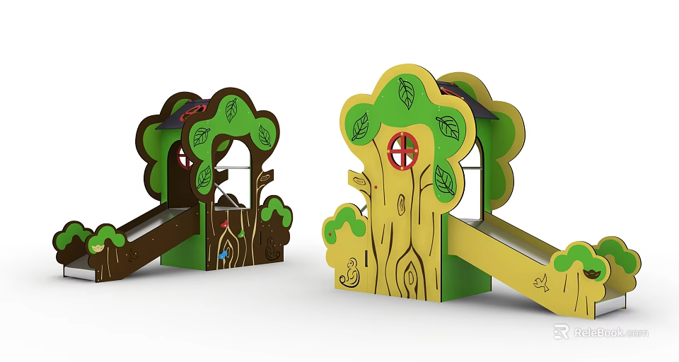 Tree Shaped Children's Playground Equipment With Slide Leaves And Trunk Design 3d model 