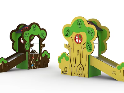 Tree Shaped Children's Playground Equipment With Slide Leaves And Trunk Design 3d model