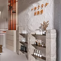 Modern Beauty Salon Interior Design With Glass Counter Wooden Chairs And Illuminated Product Shelves