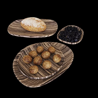 Wooden Plates with Fresh Bread Black Berries and Walnuts Arrangement 3d model