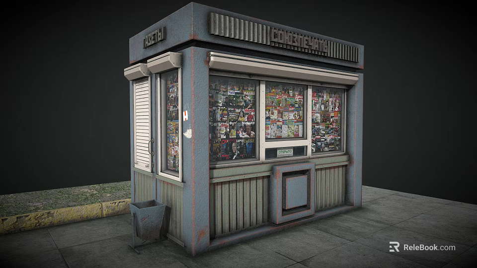 Children's World Kiosk Exterior With Magazines In Windows On Sidewalk With Trash Bin And Grass 3d model 