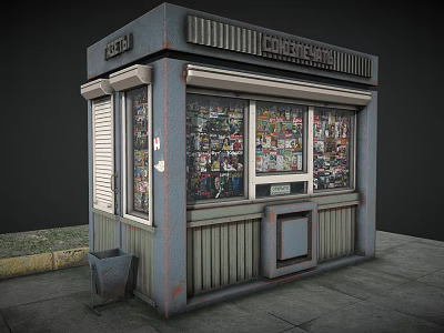 Children's World Kiosk Exterior With Magazines In Windows On Sidewalk With Trash Bin And Grass 3d model