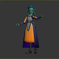 Magical Elf Creature Character Green Skin Blue Hair Silver Armor Orange Dress Blue Cape Standing