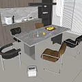 Modern Dining Table Set With Marble Top And Leather Chairs In Kitchen Area 3d model