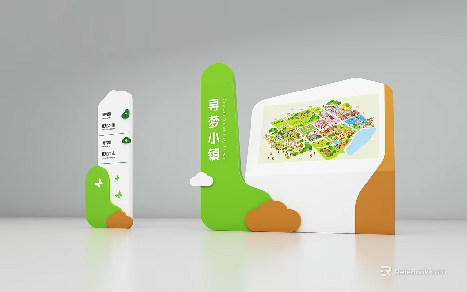 Commercial Wayfinding Equipment With Green Signage And Map Display For Town Navigation 3d model 