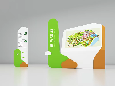 Commercial Wayfinding Equipment With Green Signage And Map Display For Town Navigation 3d model