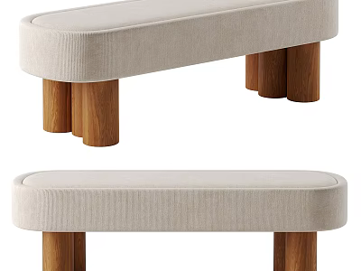 Minimalist Sofa Bench With Beige Padded Seat And Wooden Cylindrical Legs 3d model