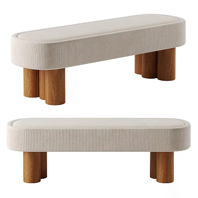 Minimalist Sofa Bench With Beige Padded Seat And Wooden Cylindrical Legs 3d model