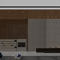 Elegant Modern Front Desk Reception With Wooden Striped Walls Stone Panels Display Shelves And Lighting