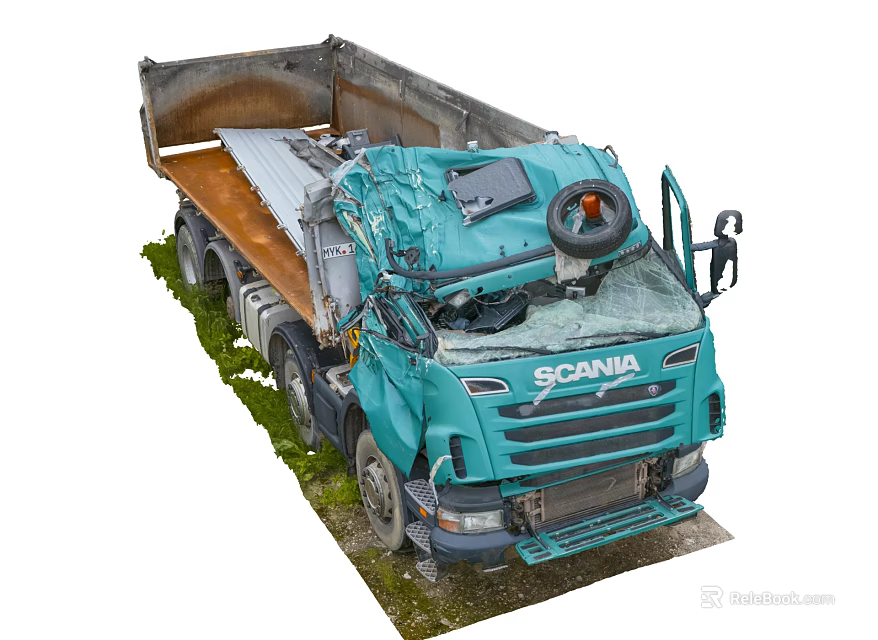 Damaged SCANIA Dump Truck With Broken Front Cabin Parked On Grass 3d model 