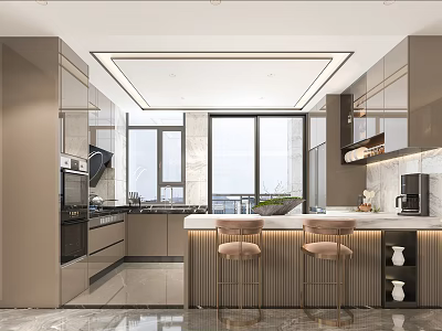 Modern Kitchen Interior With Gray Cabinets Marble Countertops Island Bar Stools And Large Windows 3d model