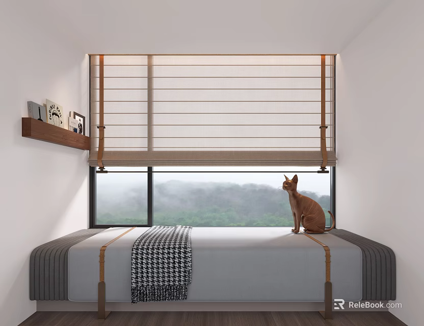Tatami Bedroom Featuring Tatami Bed Checkered Blanket Window Blinds Sitting Dog Mountain View Shelf 3d model 