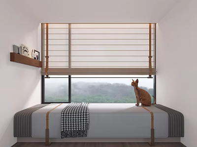 Tatami Bedroom Featuring Tatami Bed Checkered Blanket Window Blinds Sitting Dog Mountain View Shelf 3d model