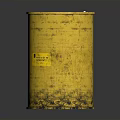 Yellow Rusty Metal Barrel With Warning Label On Dark Reflective Surface