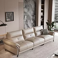 Modern Three Seater Leather Sofa In Interior With Marble Wall Decorative Painting And Green Plant
