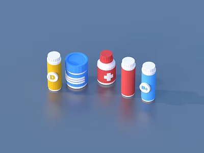 Colorful Medicine Bottles With Different Labels Including Red Cross On Blue Background 3d model