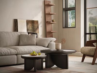 Modern Living Room Interior With Beige Sofa Round Coffee Tables Wooden Shelf And Natural Light 3d model