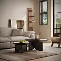 Modern Living Room Interior With Beige Sofa Round Coffee Tables Wooden Shelf And Natural Light