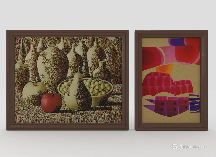 Two Framed Artworks With Vintage Vases Bowl Of Olives Apple And Colorful Geometric Patterns 3d model 