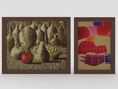 Two Framed Artworks With Vintage Vases Bowl Of Olives Apple And Colorful Geometric Patterns 3d model