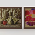 Two Framed Artworks With Vintage Vases Bowl Of Olives Apple And Colorful Geometric Patterns