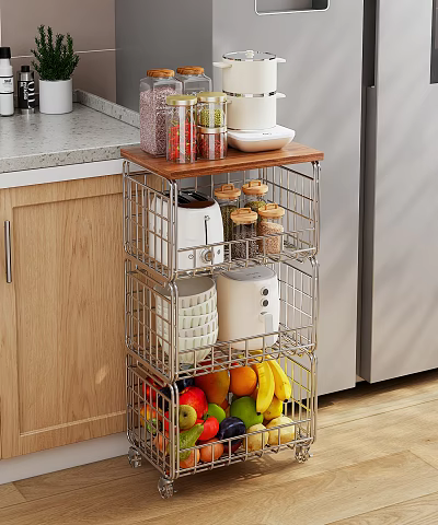 Metal Kitchen Storage Shelving with Wooden Top Holding Fruits Jars and Bowls 3d model