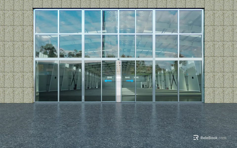 Modern Glass Entrance Gate With Metal Frame Stone Wall And Dark Floor 3d model 