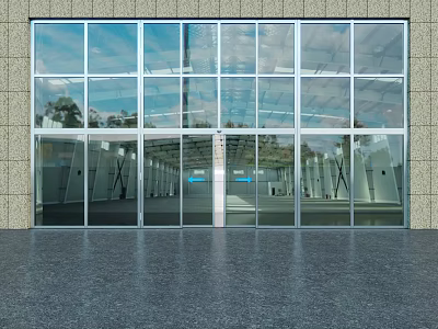Modern Glass Entrance Gate With Metal Frame Stone Wall And Dark Floor 3d model