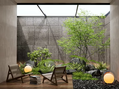 Garden Landscape With Stone Wall Glass Skylight Wooden Lounge Chairs Green Plants And Pebble Ground 3d model