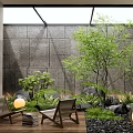Garden Landscape With Stone Wall Glass Skylight Wooden Lounge Chairs Green Plants And Pebble Ground