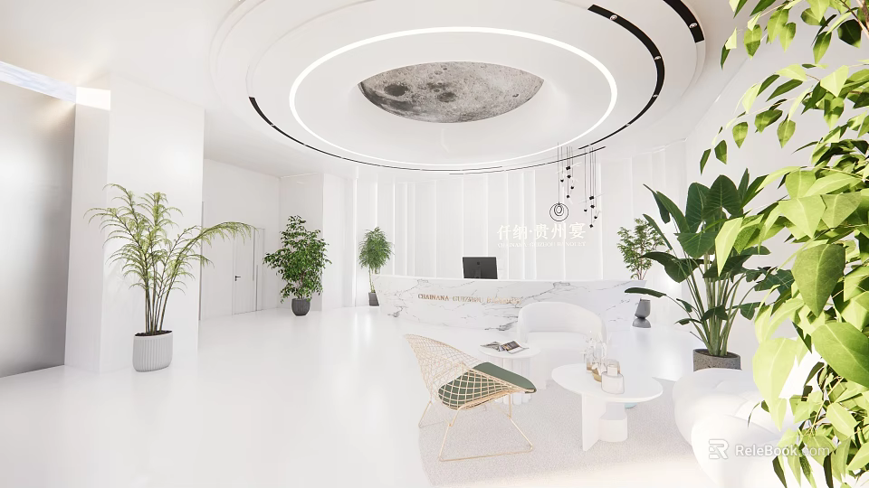 Modern Hotel Lobby With White Interior Circular Ceiling Design And Green Plants 3d model 