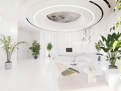 Modern Hotel Lobby With White Interior Circular Ceiling Design And Green Plants 3d model