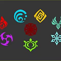 Colorful Decorative Symbols Featuring Flame Wave Heart Snowflake Shapes on Dark Background With Glossy Reflections