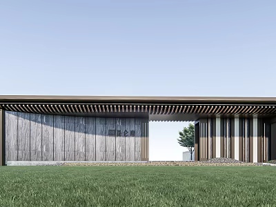 Modern Wooden Entrance Gate With Slatted Roof And Grass Lawn Front 3d model