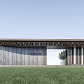 Modern Wooden Entrance Gate With Slatted Roof And Grass Lawn Front
