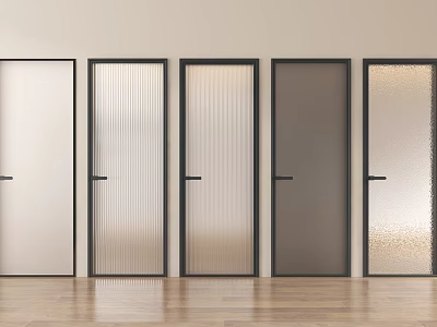 Modern Interior Swing Doors With Various Glass Panels And Black Frames On Wooden Floor 3d model