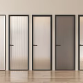 Modern Interior Swing Doors With Various Glass Panels And Black Frames On Wooden Floor