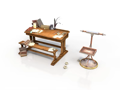 Vintage Wooden Desk Setup With Books Table Lamp Plant Papers Stool And Metal Stand 3d model