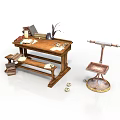 Vintage Wooden Desk Setup With Books Table Lamp Plant Papers Stool And Metal Stand