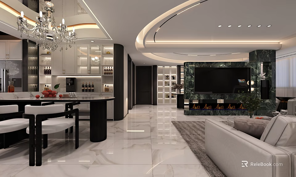 Luxurious Dining and Living Room Interior With Chandelier Marble Floor and Wine Cabinet 3d model 