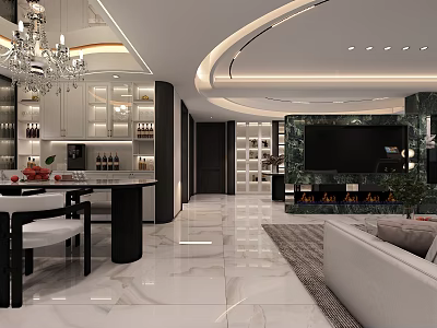 Luxurious Dining and Living Room Interior With Chandelier Marble Floor and Wine Cabinet 3d model
