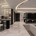 Luxurious Dining and Living Room Interior With Chandelier Marble Floor and Wine Cabinet