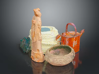 Decorative Sculpture Carving Including Handcrafted Terracotta Statue Woven Basket Colored Pot And Glass Bowl Artifacts 3d model