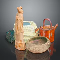Decorative Sculpture Carving Including Handcrafted Terracotta Statue Woven Basket Colored Pot And Glass Bowl Artifacts